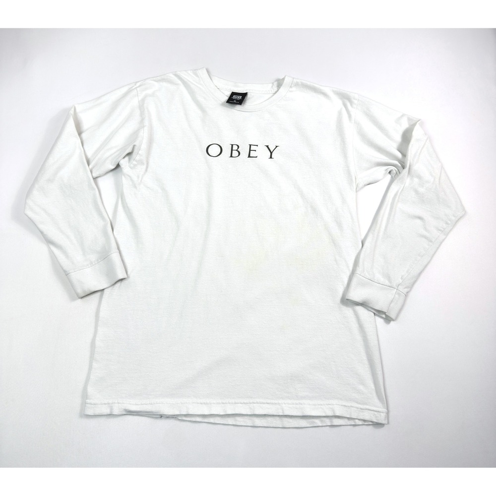 OBEY Long Sleeve T-Shirt Graphic Logo Crew Neck Top White Cotton Medium‎